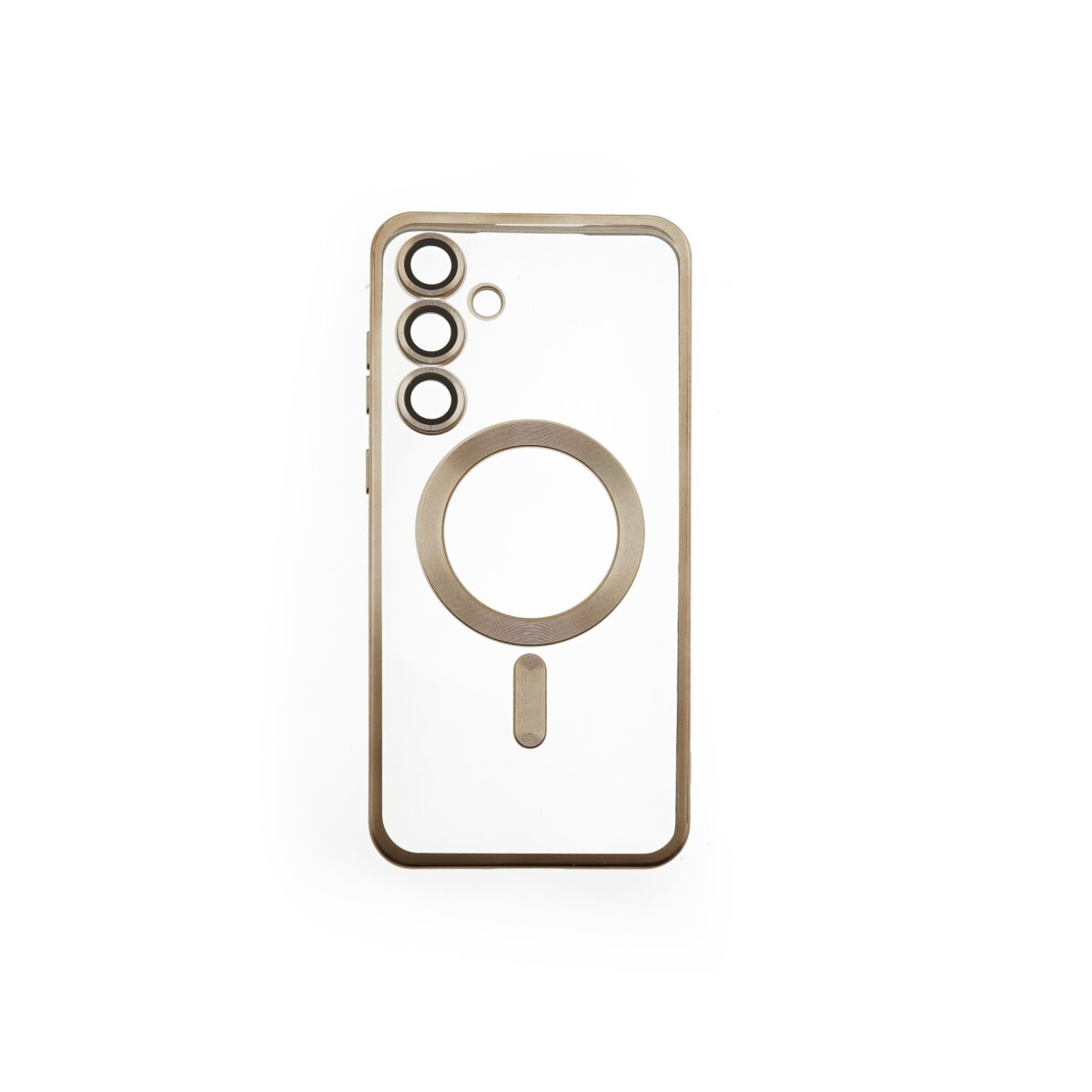 Transparente Handyhülle mit goldfarbenem Ring und Kameraaussparung.