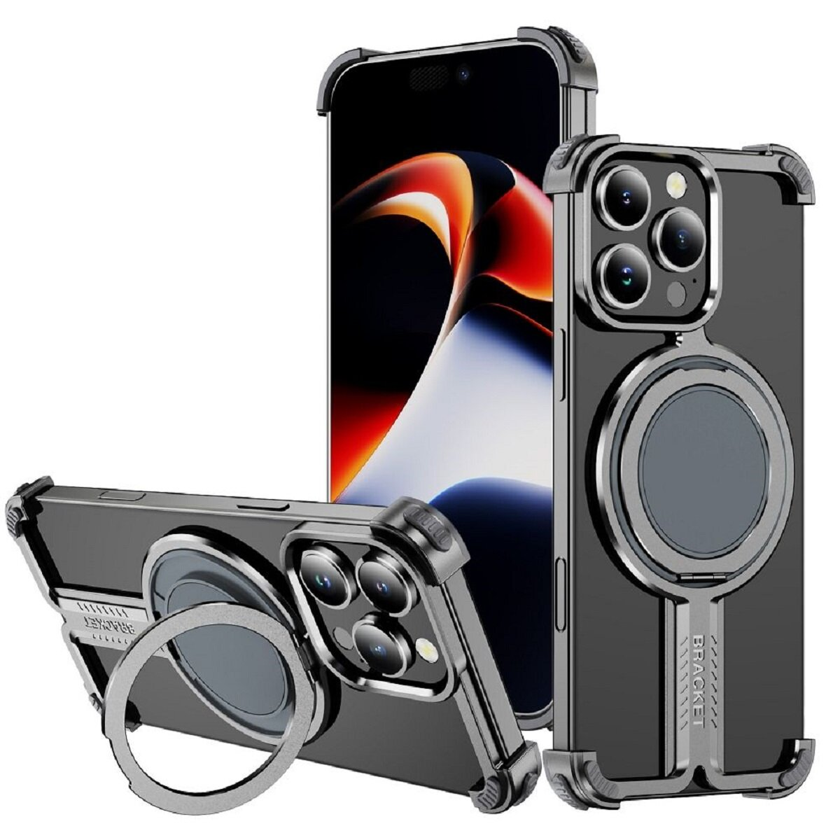 Eine schwarze Handyhülle mit Ringhalter und Magnetelement, mit drei Ansichten eines Telefons.