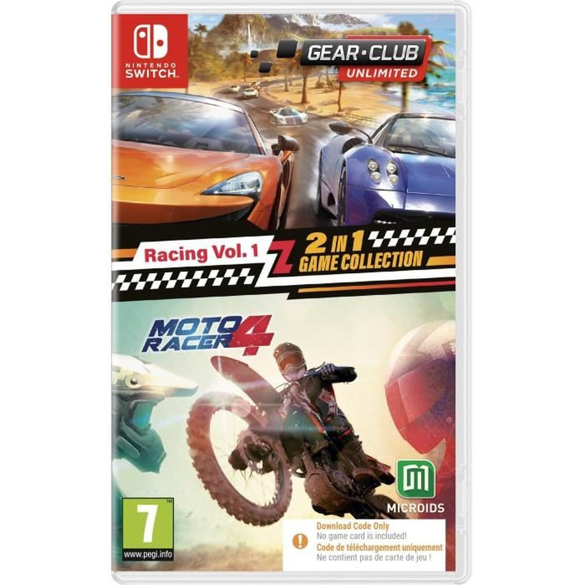 Custodia di gioco per Nintendo Switch con due auto da corsa e una moto. 'Gear Club' e 'Moto Racer 4' sono titoli.