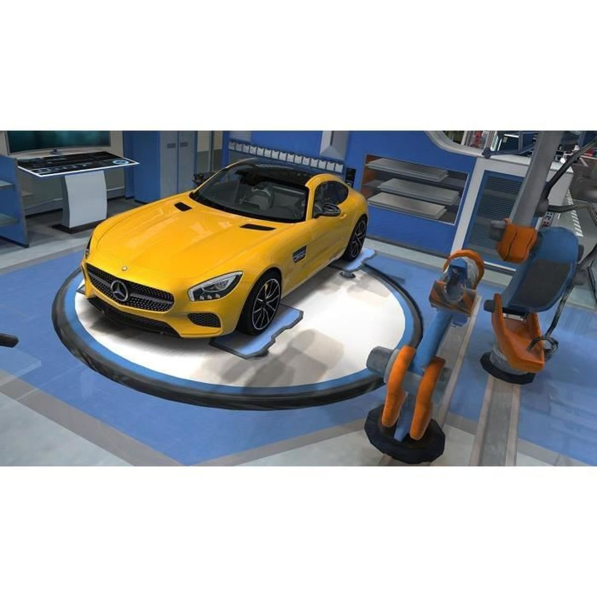 Auto sportiva gialla all'interno di un'officina con bracci robotici e piattaforma blu.