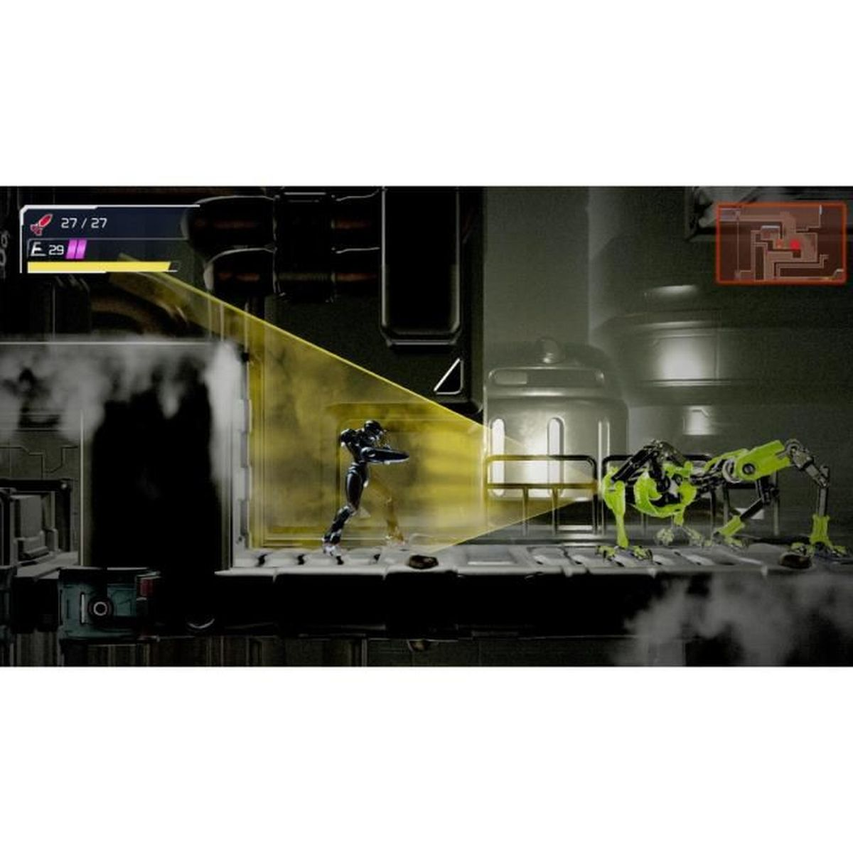 Ekran gry Metroid pokazujący postać strzelającą do robota i mapę w prawym górnym rogu.