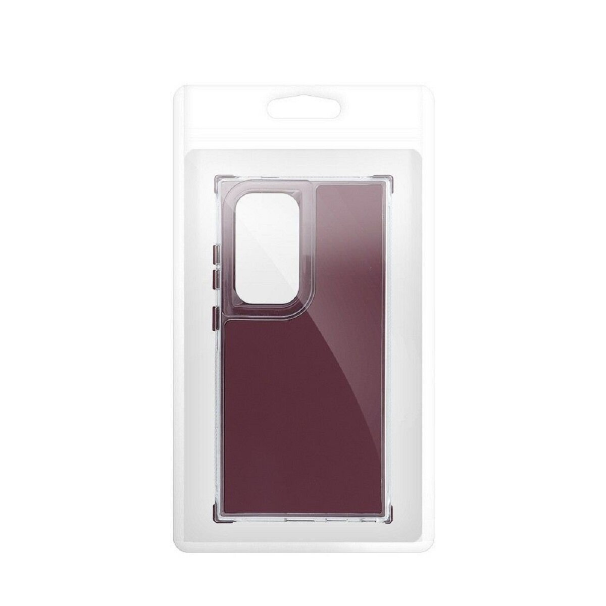 Telefonhülle in einer transparenten Kunststoffverpackung. Die Hülle ist weinrot und hat einen Kameraausschnitt.