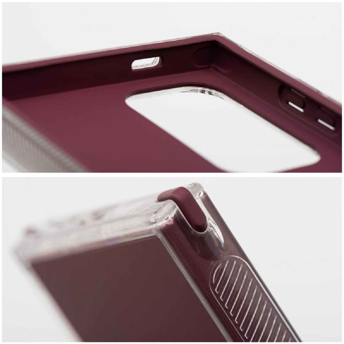 Nahaufnahme einer weinroten Handyhülle, eine transparente Schutzhülle mit Aussparungen und Design.
