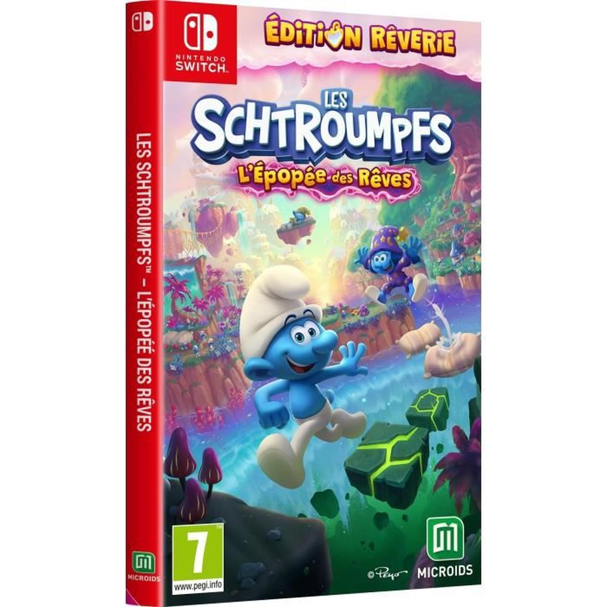 Scatola del gioco per Nintendo Switch. Presenta il gioco 'Les Schtroumpfs - L'Épopée des Rêves' con i Puffi sulla copertina.