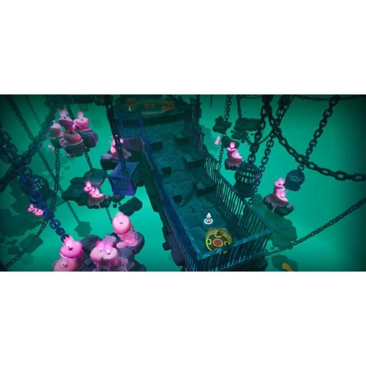 Una scena di un videogioco con un ponte, creature rosa e un forziere. La scena è oscura e fantasy.
