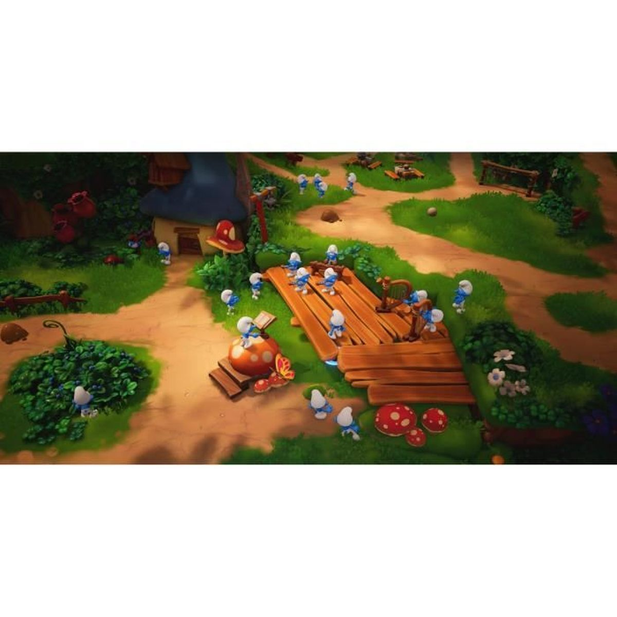 Una scena di un videogioco con i Puffi in un ambiente forestale.