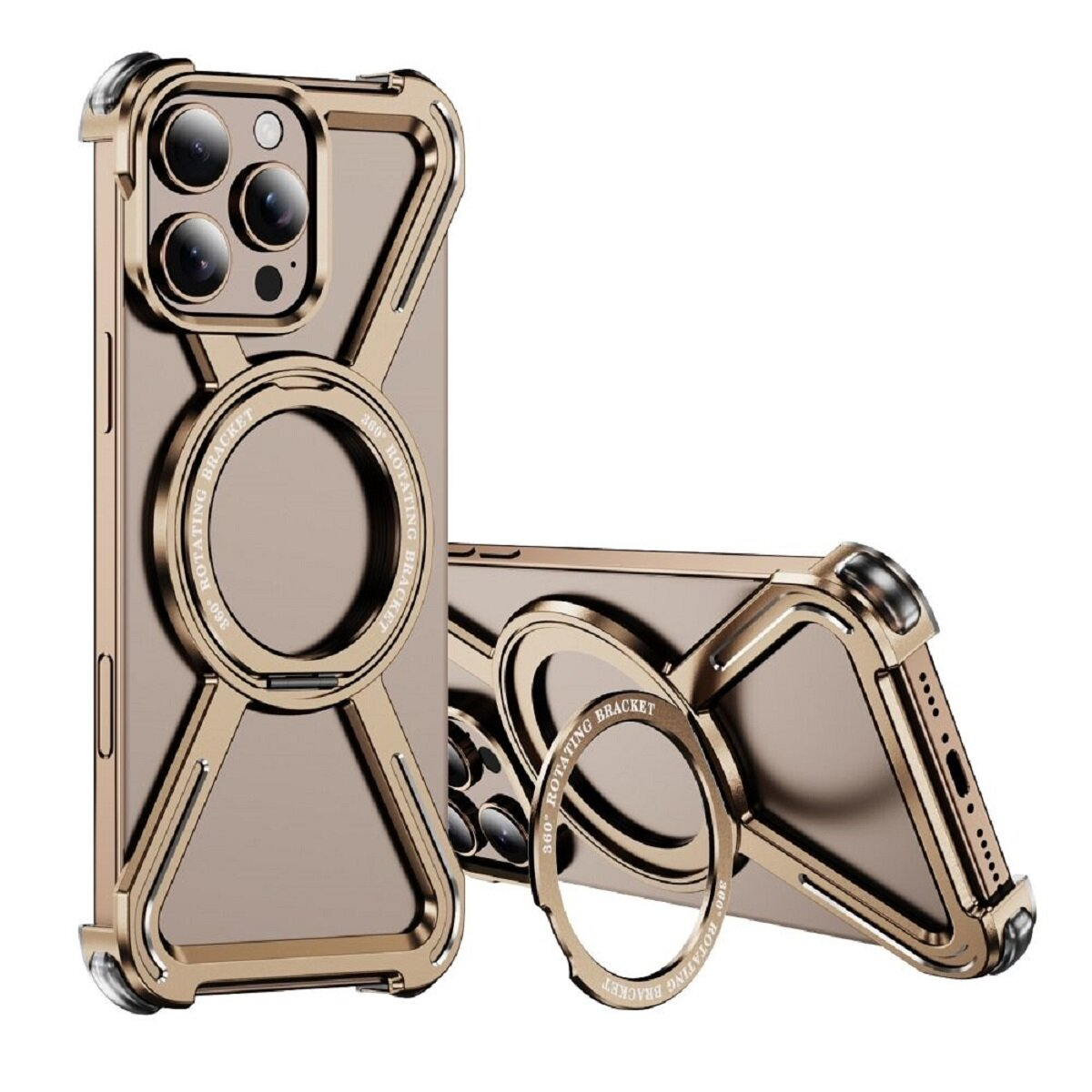 Goldene Handyhülle mit Ringständer. Zwei Hüllen, eine mit ausgeklapptem Ständer.