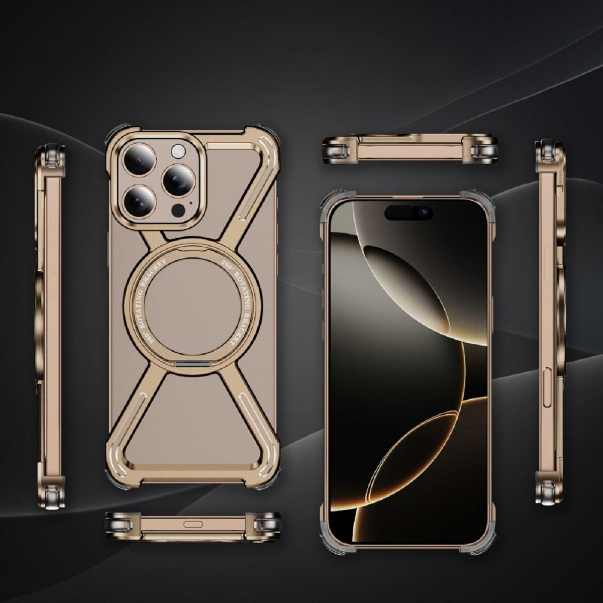 Goldene Handyhülle mit Telefon darin, mehrere Ansichten gezeigt.