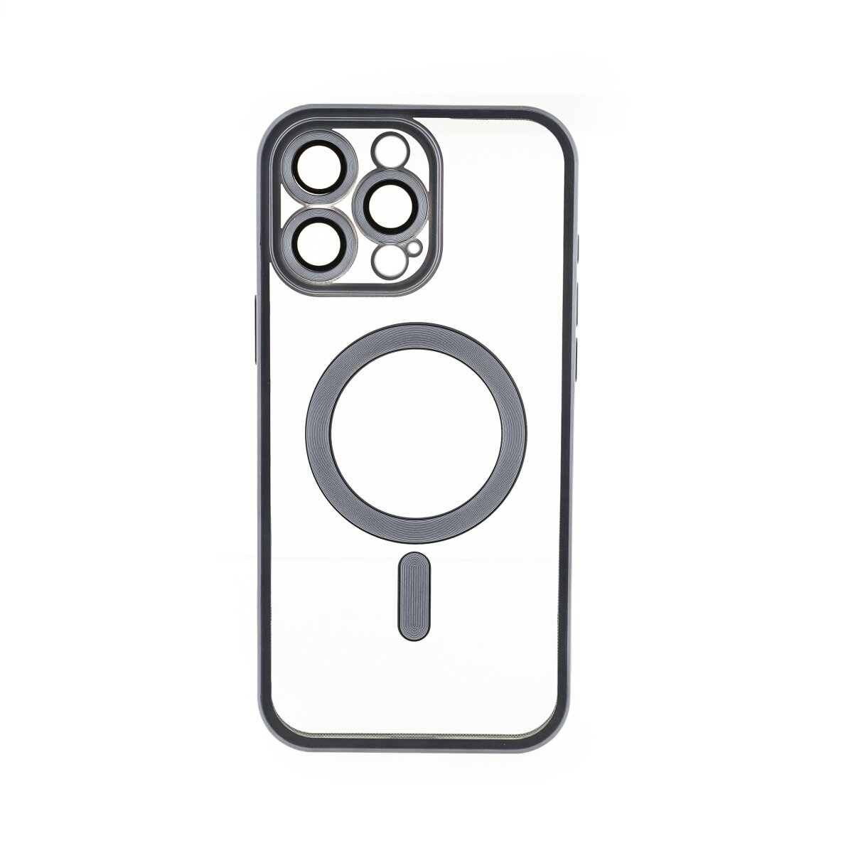 Custodia trasparente per telefono con dettagli grigi per la fotocamera e un anello magnetico.