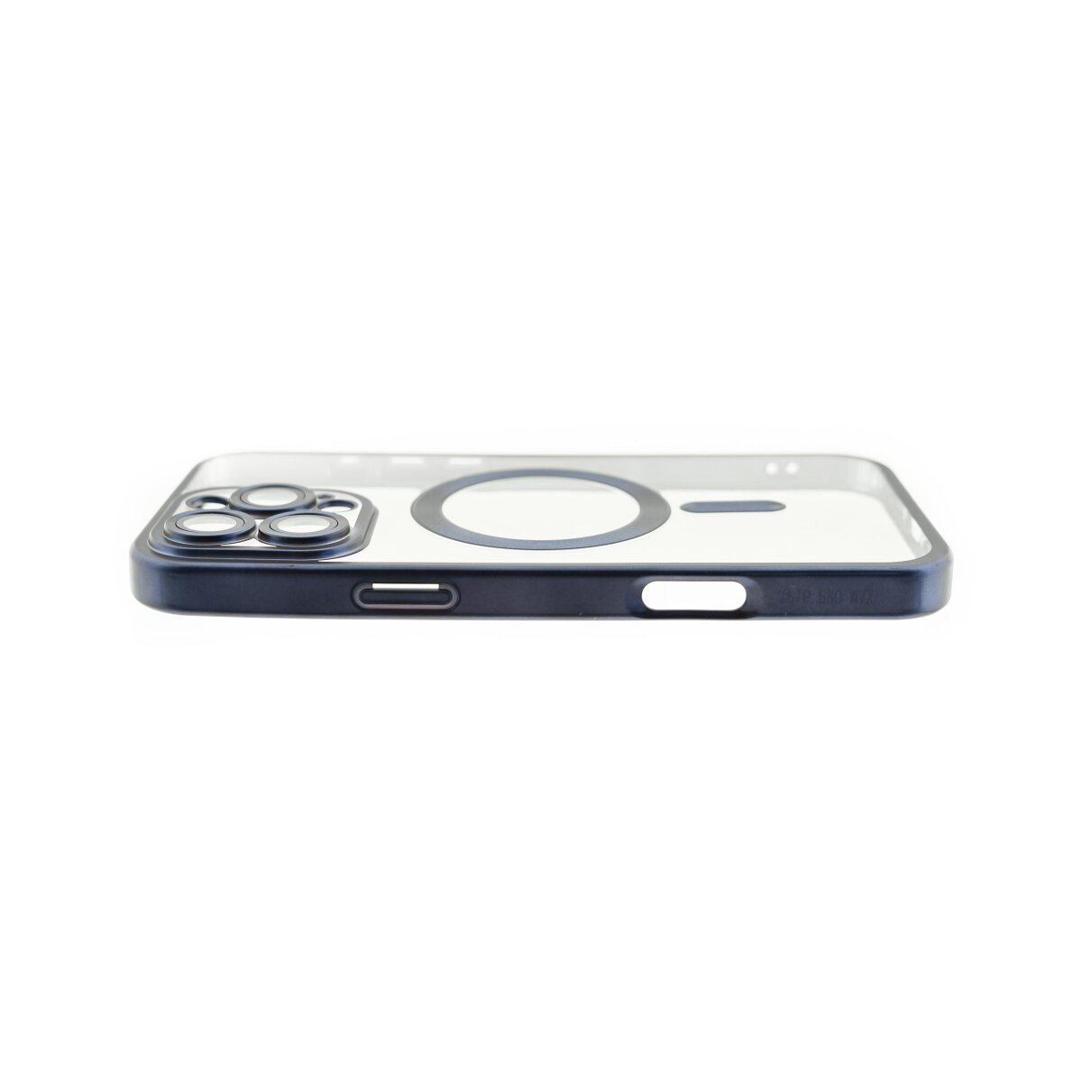 Una custodia trasparente per iPhone, con un bordo blu e un elemento circolare sul retro.