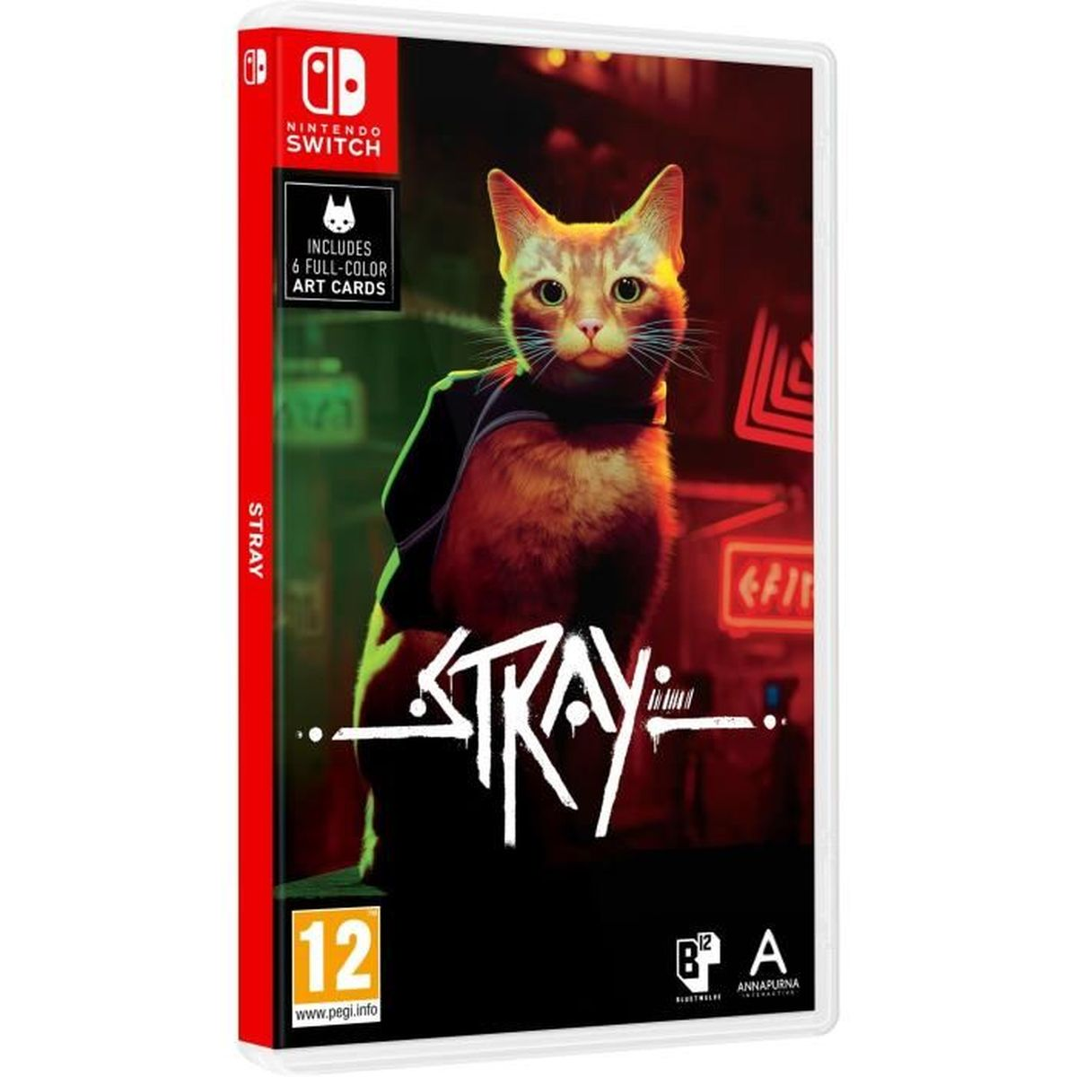 Scatola del gioco Nintendo Switch per 'Stray'. Illustrazione di un gatto sulla copertina, con il logo del gioco e la valutazione.