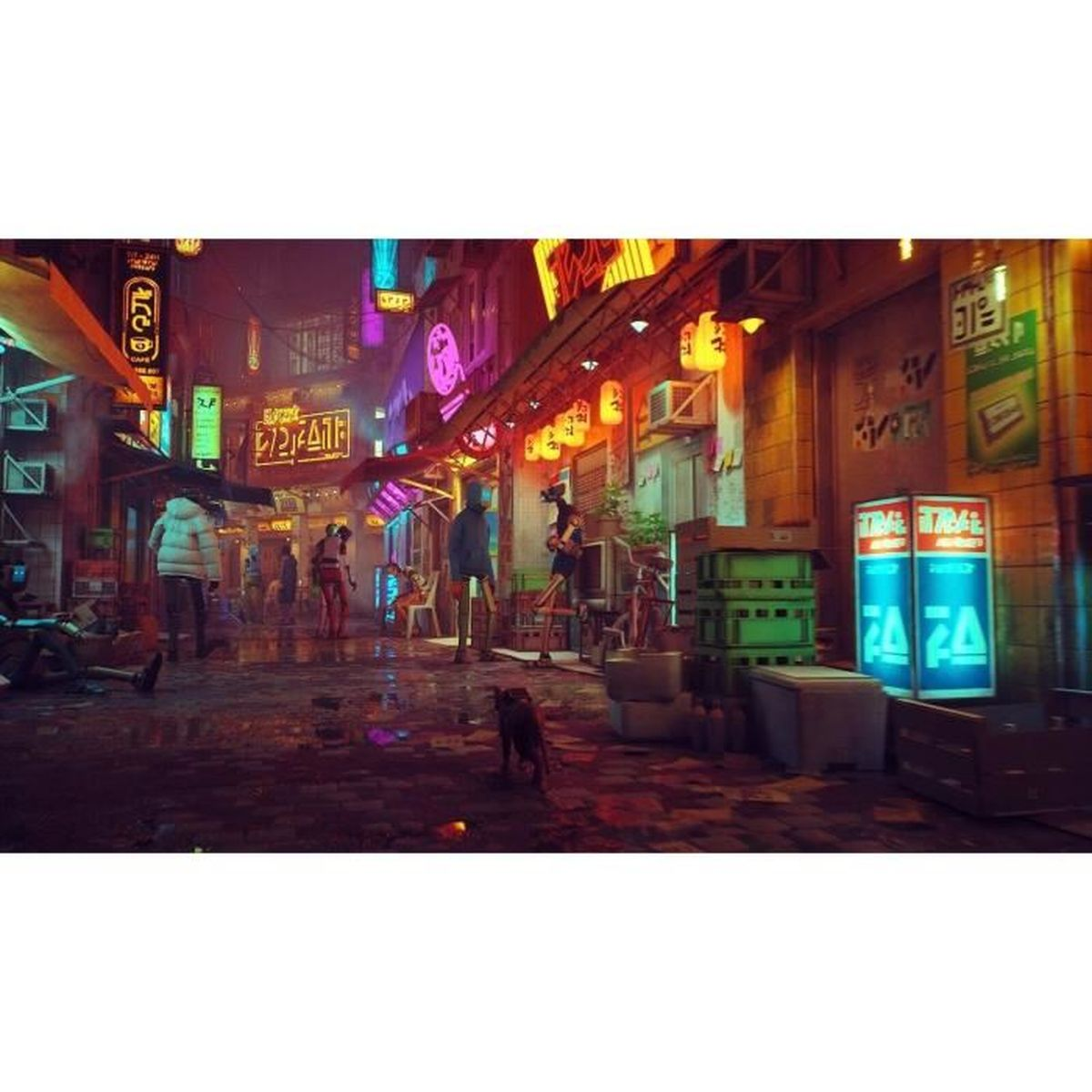 Scena di strada illuminata al neon con persone e insegne, colori vibranti e estetica cyberpunk.