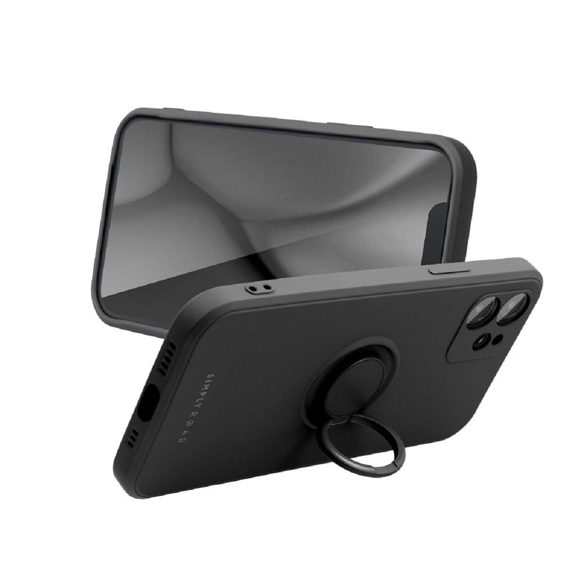 Schwarze Handyhülle mit Ring. Das Telefon ist schwarz, mit einem Ring auf der Rückseite zum Halten. Die Hülle schützt den Bildschirm.