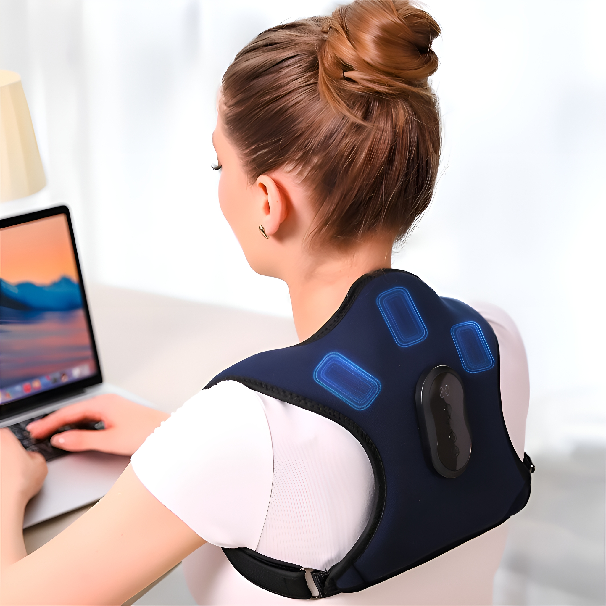Frau mit Nackenmassagegerät, arbeitet am Laptop, Lampe im Hintergrund.