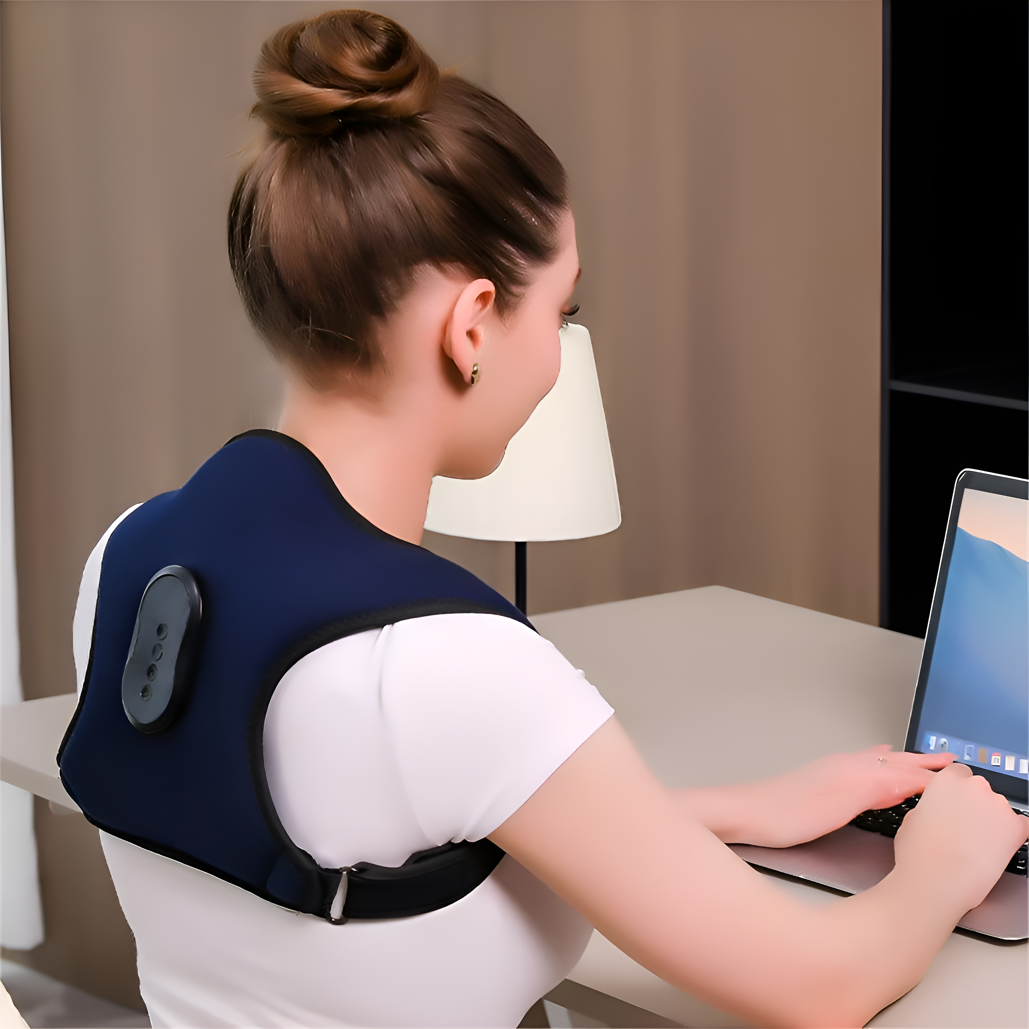 Eine Frau an einem Schreibtisch, die ein blaues Nacken- und Schulterheizkissen trägt, während sie einen Laptop benutzt.