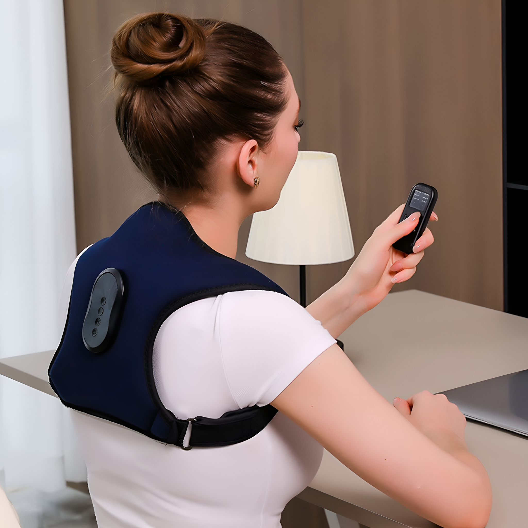 Eine Frau sitzt an einem Schreibtisch und trägt ein blaues Nackenmassagegerät, hält eine Fernbedienung. Lampe und Laptop sind sichtbar.