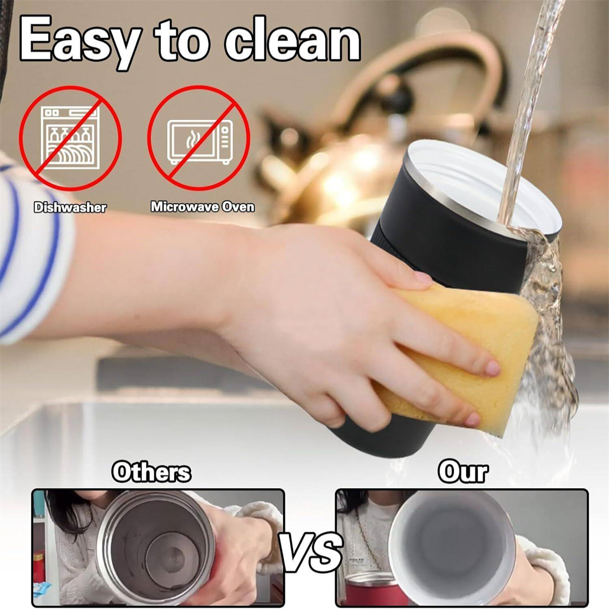 Eine Person wäscht einen schwarzen Becher. Text sagt 'Easy to Clean', ohne Spülmaschinen-/Mikrowellen-Icons.