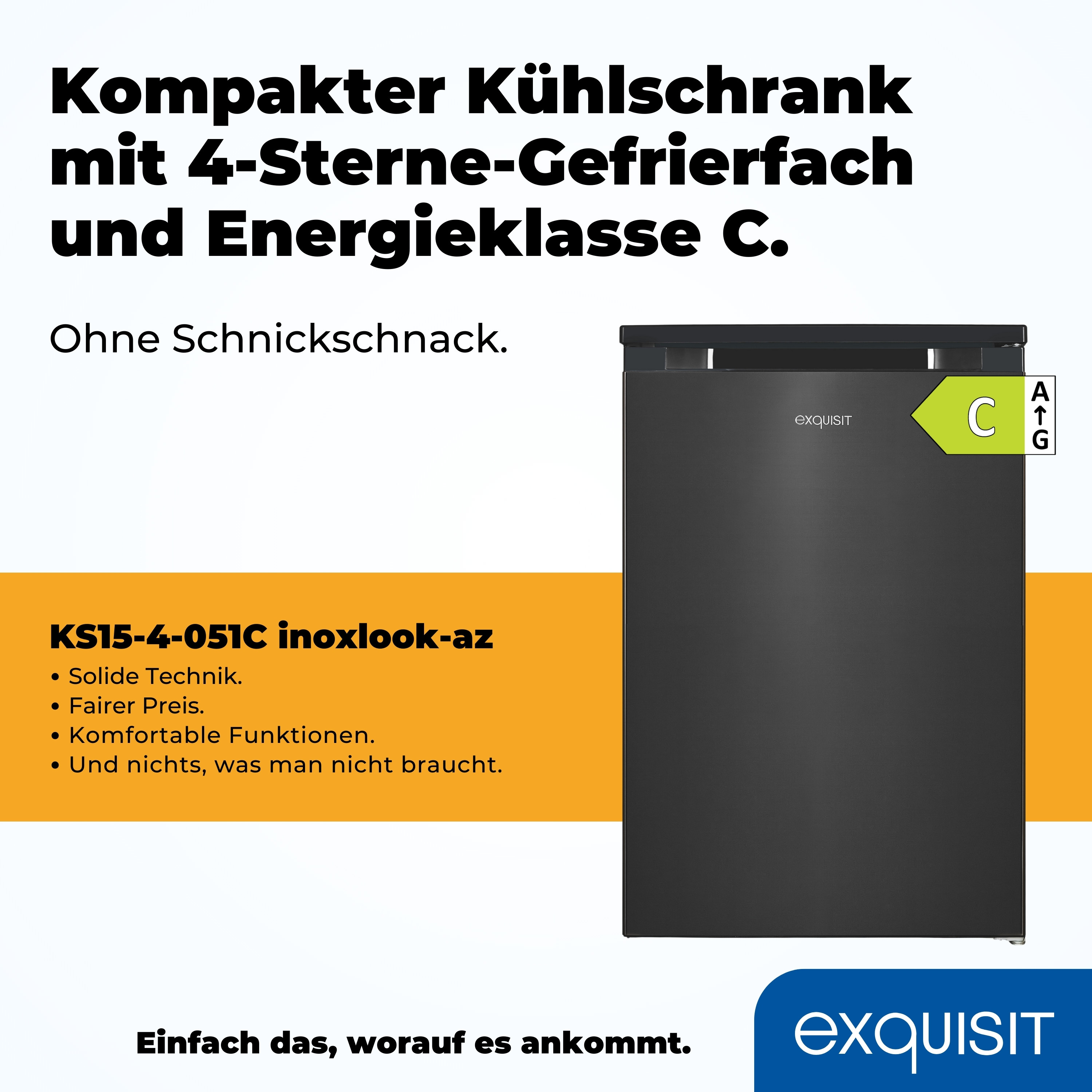 Ein schwarzer Mini-Kühlschrank mit einem Energieeffizienzklassen-C-Aufkleber und Text.