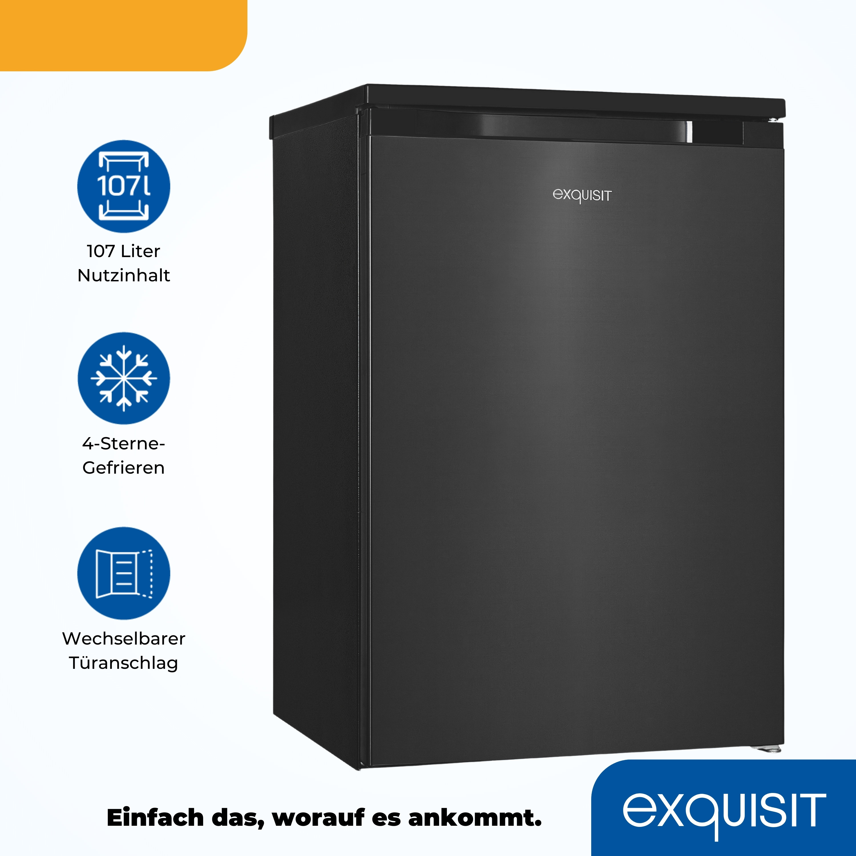 Schwarzer Mini-Kühlschrank mit Text und Symbolen. Aufschrift 'exquisit'. Weißer Hintergrund. Vier Symbole mit Text.