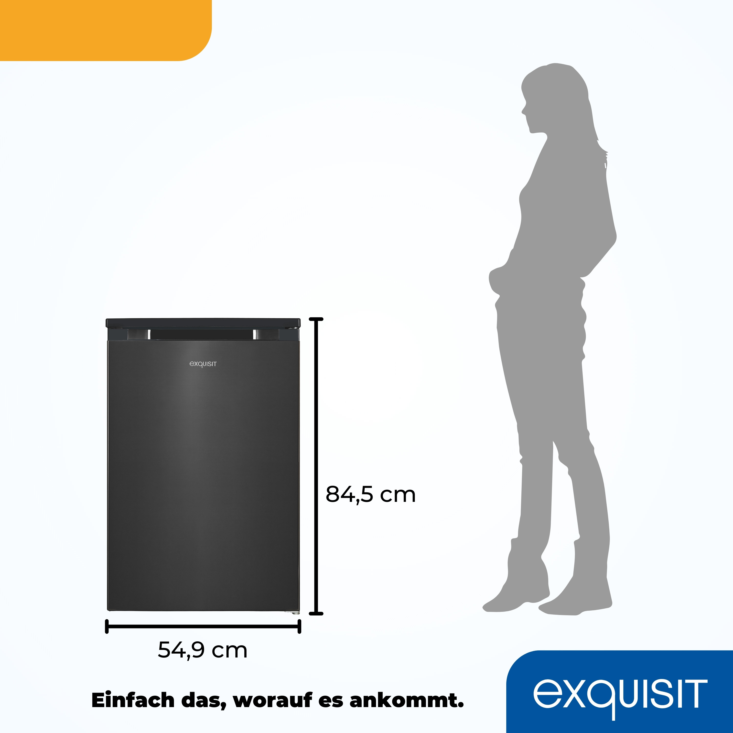 Schwarzer Kühlschrank mit Frauensilhouette. Maße 54,9 x 84,5 cm. Die Marke ist Exquisit.
