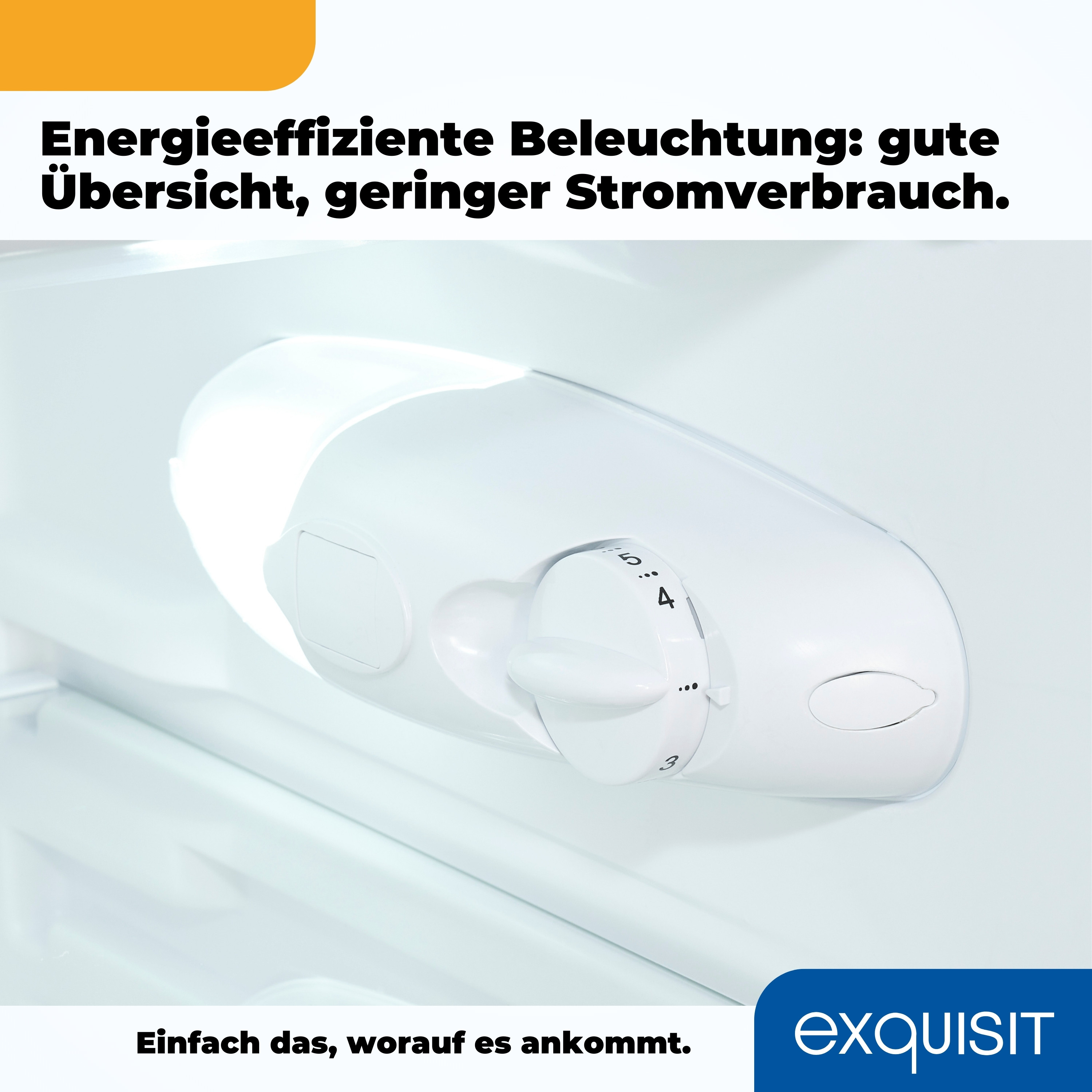 Nahaufnahme eines weißen Kühlschrankinnenraums. Ein weißes Zifferblatt steuert Licht und Temperatur.