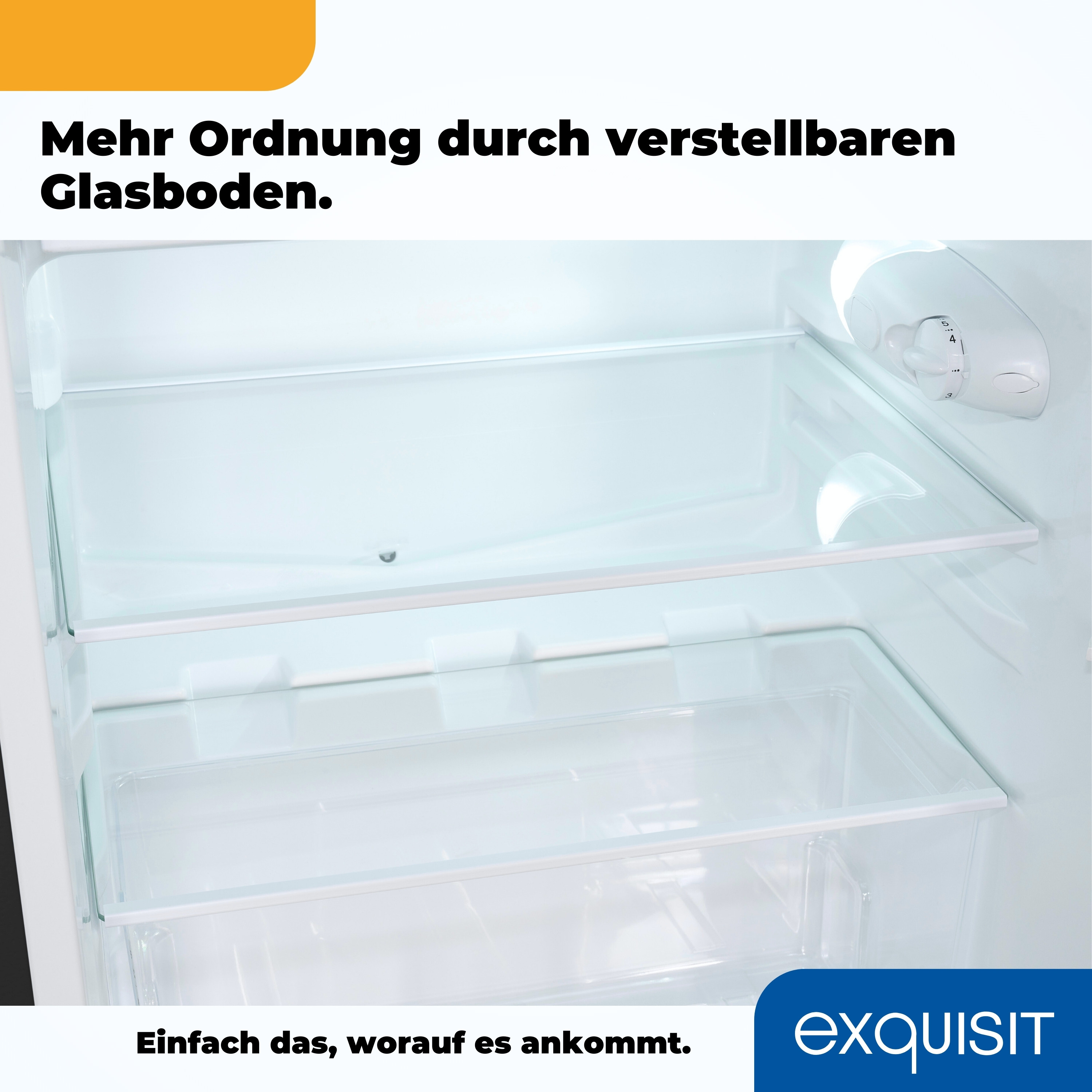 Kühlschrankinnenraum mit Glasböden. Text: 'Mehr Ordnung durch verstellbare Glasböden'. Unteres Regal sichtbar.