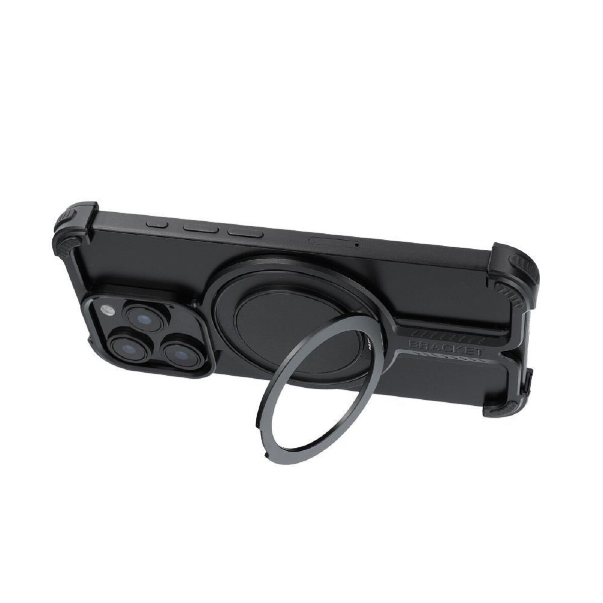 Schwarze Handyhülle mit Ringständer, zeigt die Rückseite eines Telefons. Hülle ist offen.