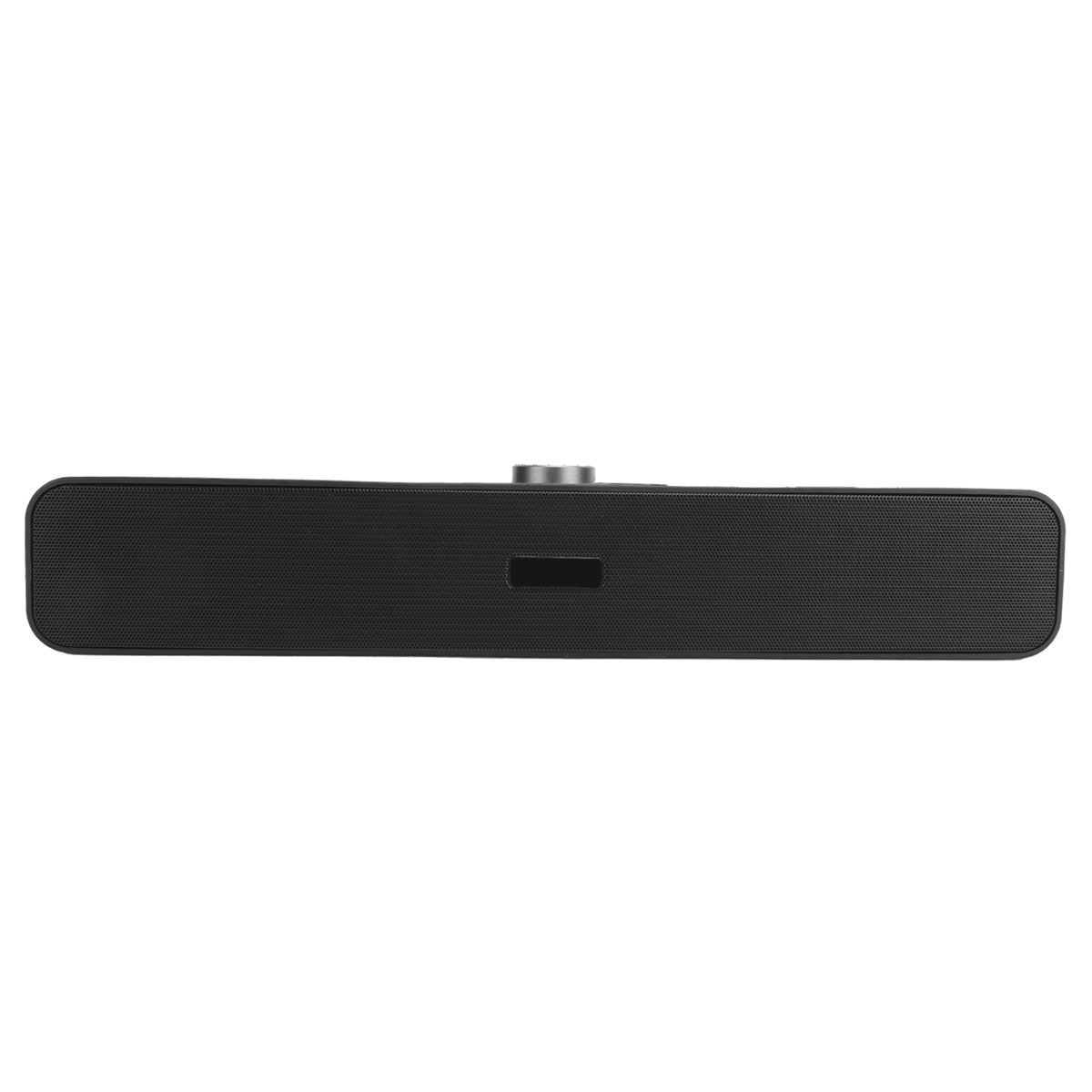Eine schwarze Soundbar mit einem Lautstärkeknopf in der Mitte, vor weißem Hintergrund platziert.