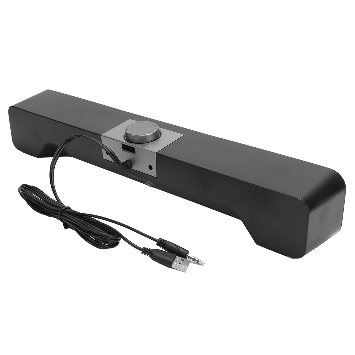 Schwarze Soundbar mit Lautstärkeregler und Anschlüssen, schwarzes Kabel.