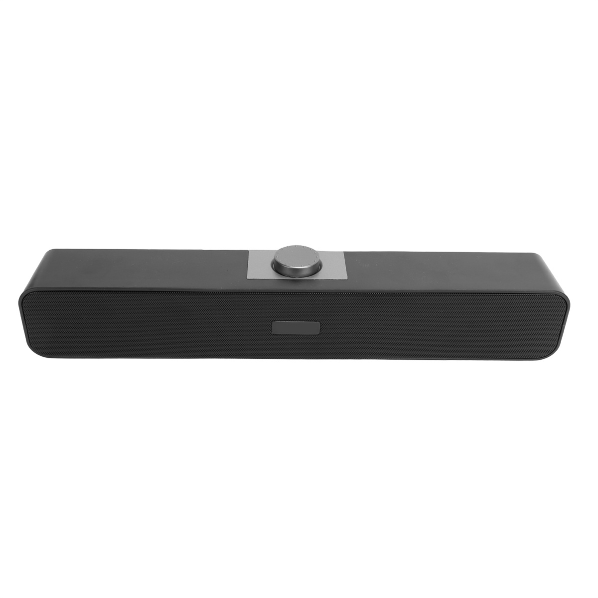 Schwarze Soundbar mit silbernem Drehknopf und Mesh-Lautsprechergrill.