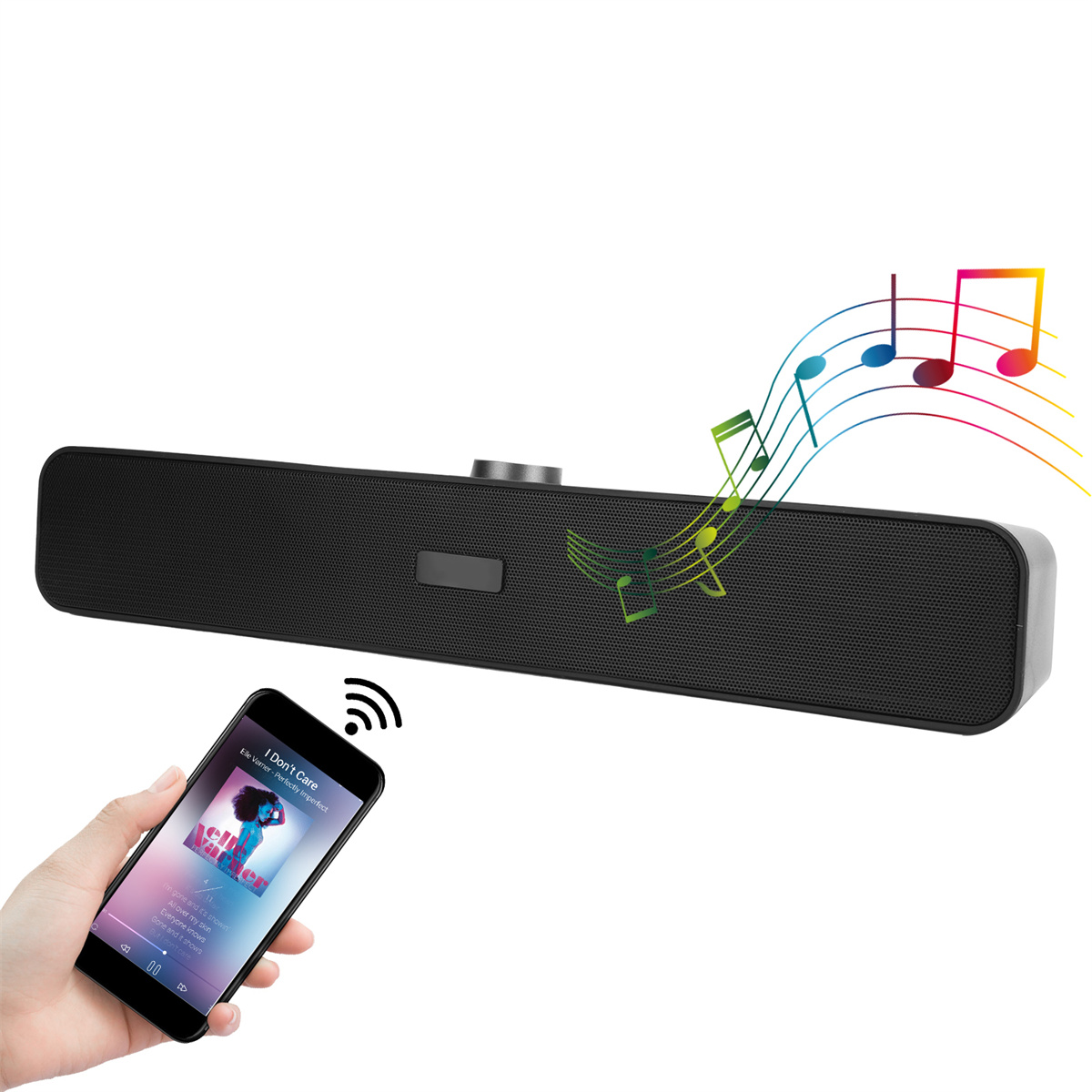 Schwarze Soundbar mit Telefon, das Musikwiedergabe zeigt, und Noten, die davon ausgehen.