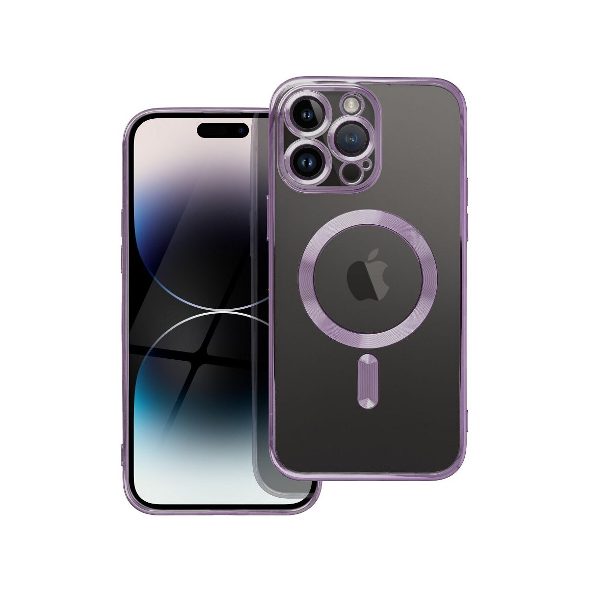 Zwei Handyhüllen werden angezeigt. Eine ist transparent mit einem lila Rahmen und einem MagSafe-Kreis. Die andere ist ein Telefon.