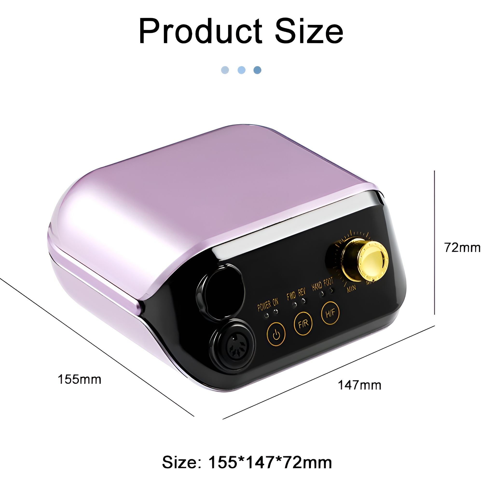 Lila und schwarzer Nagelbohrer. Abmessungen sind 155x147x72mm. Hat Knöpfe und ein Zifferblatt.