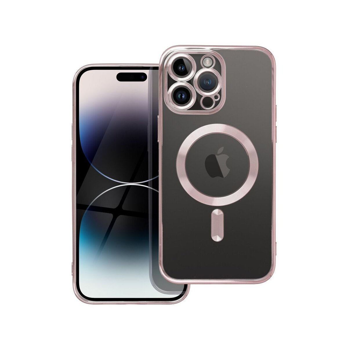 Telefono con custodia trasparente con cornice oro rosa. La custodia ha un ritaglio circolare e un logo Apple.