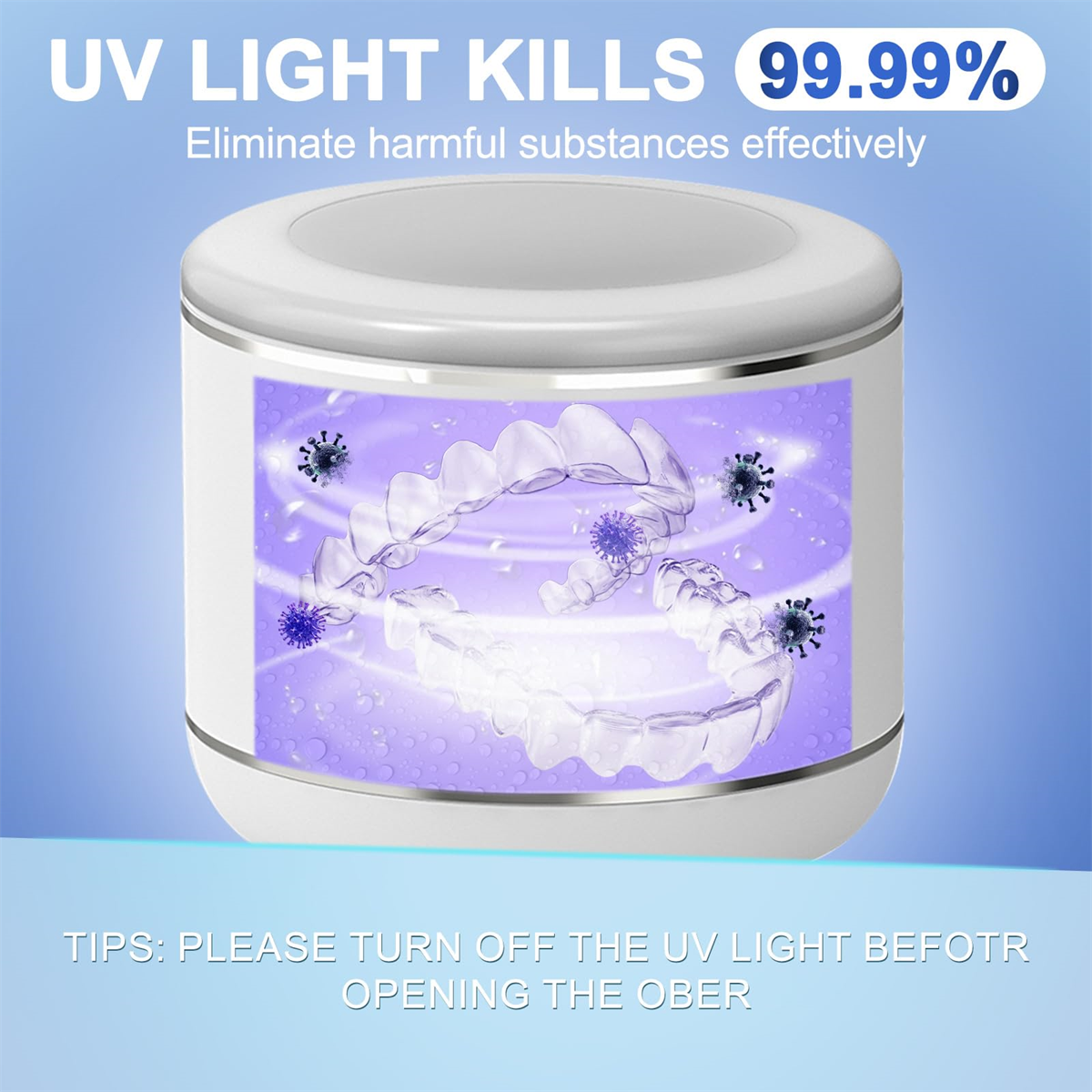 UV-Licht-Sanitizer mit Zahnspangen im Inneren, mit Text über die Beseitigung schädlicher Substanzen.