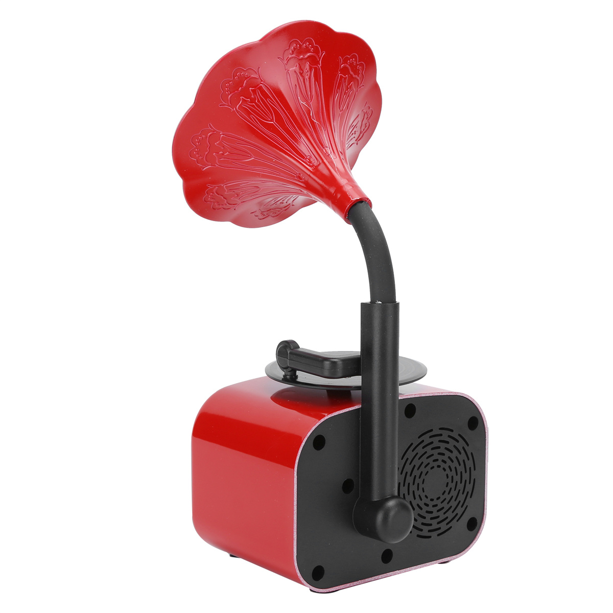 Roter Grammophon-Lautsprecher mit rotem Trichter und schwarzem Sockel.