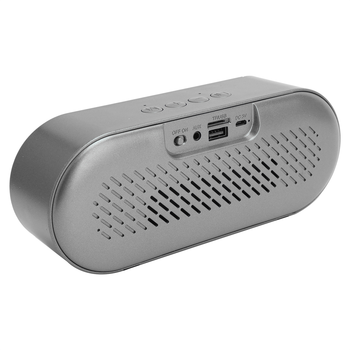Grauer, ovaler Bluetooth-Lautsprecher mit Knöpfen und Anschlüssen.