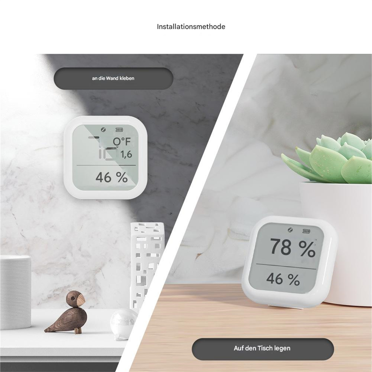 Zwei digitale Anzeigen mit Temperatur und Luftfeuchtigkeit, eine an der Wand, eine auf dem Tisch.