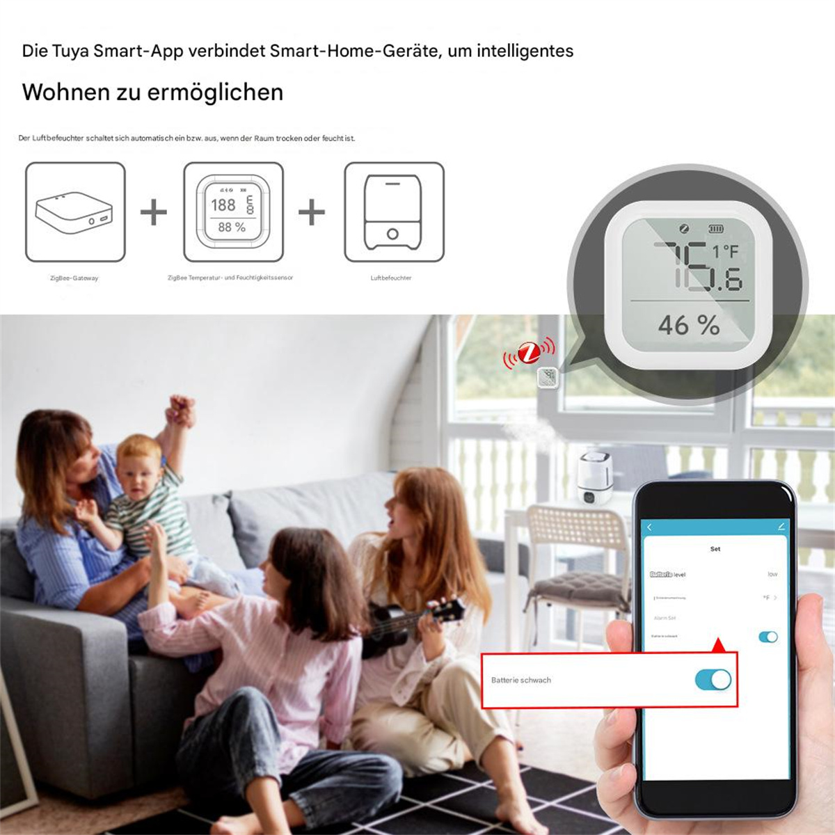 Abbildung einer Smart-Home-App auf einem Telefon. Familie sitzt im Hintergrund auf dem Sofa. Es gibt einige verbundene Geräte.