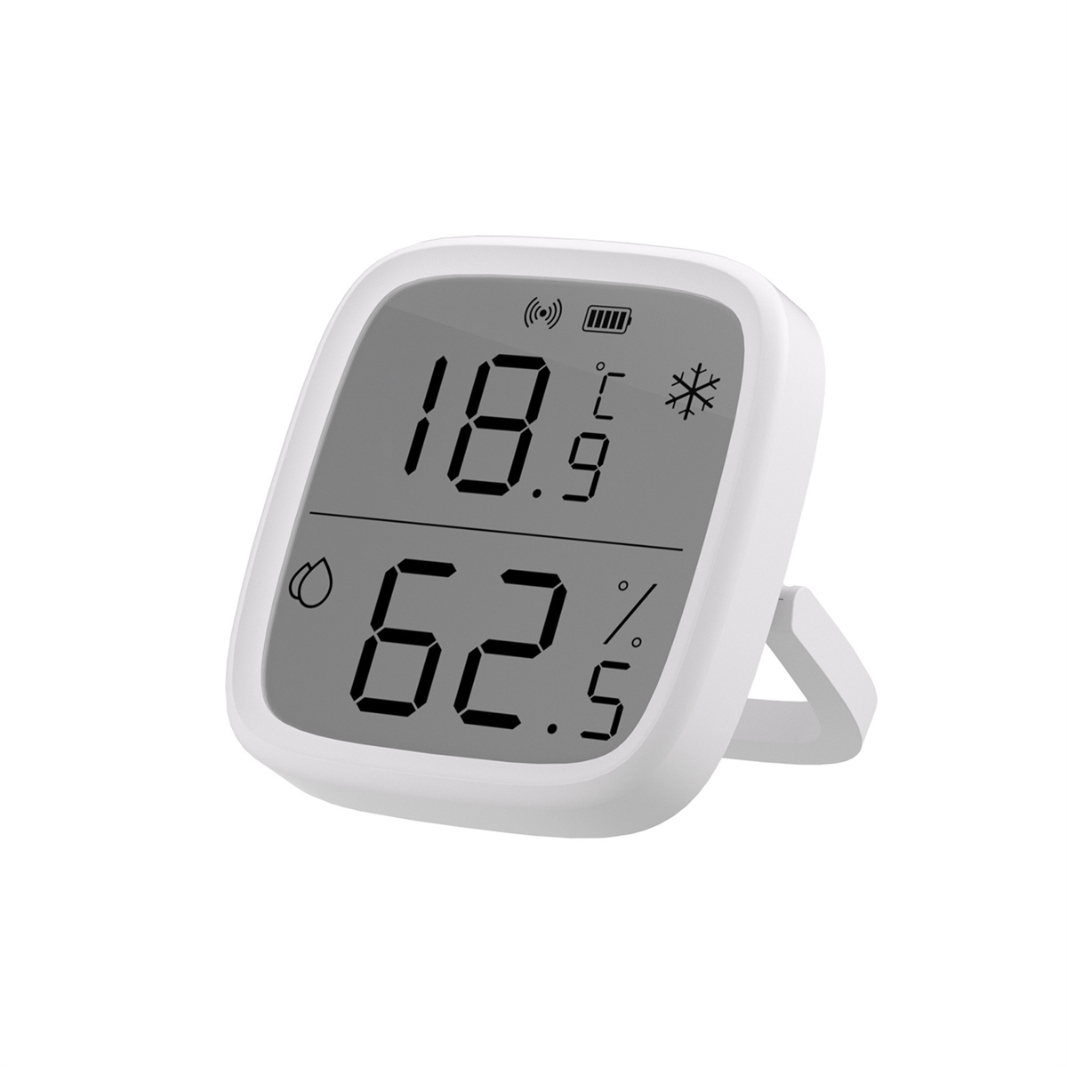 Weißes digitales Thermometer mit Temperatur- und Feuchtigkeitsmesswerten.