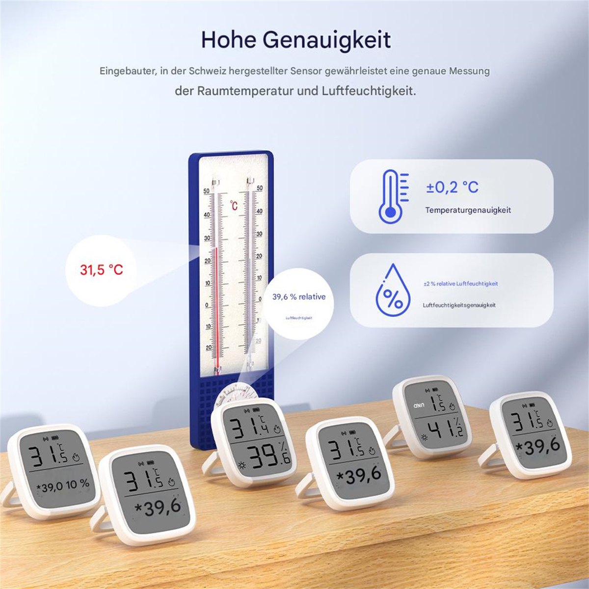 Thermometer und digitale Anzeigen. Texte: Hohe Genauigkeit, ±0,2 °C, ±2 % relative Luftfeuchtigkeit. HolzTisch.