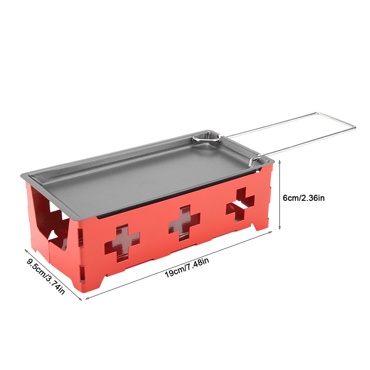 Rotes Metall-Fondue-Set mit Abmessungen. Hat einen Griff. Roter Sockel mit kreuzförmigen Aussparungen. Graue Kochfläche.