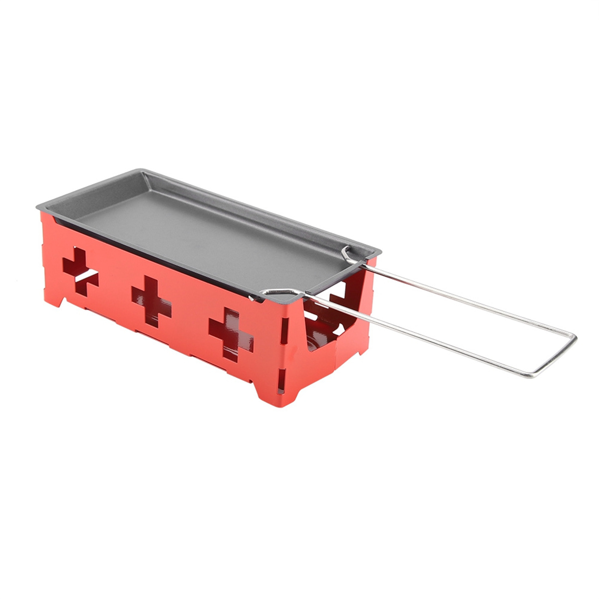 Ein roter Metall-Raclette-Grill mit Griff. Es hat ein rechteckiges Tablett.