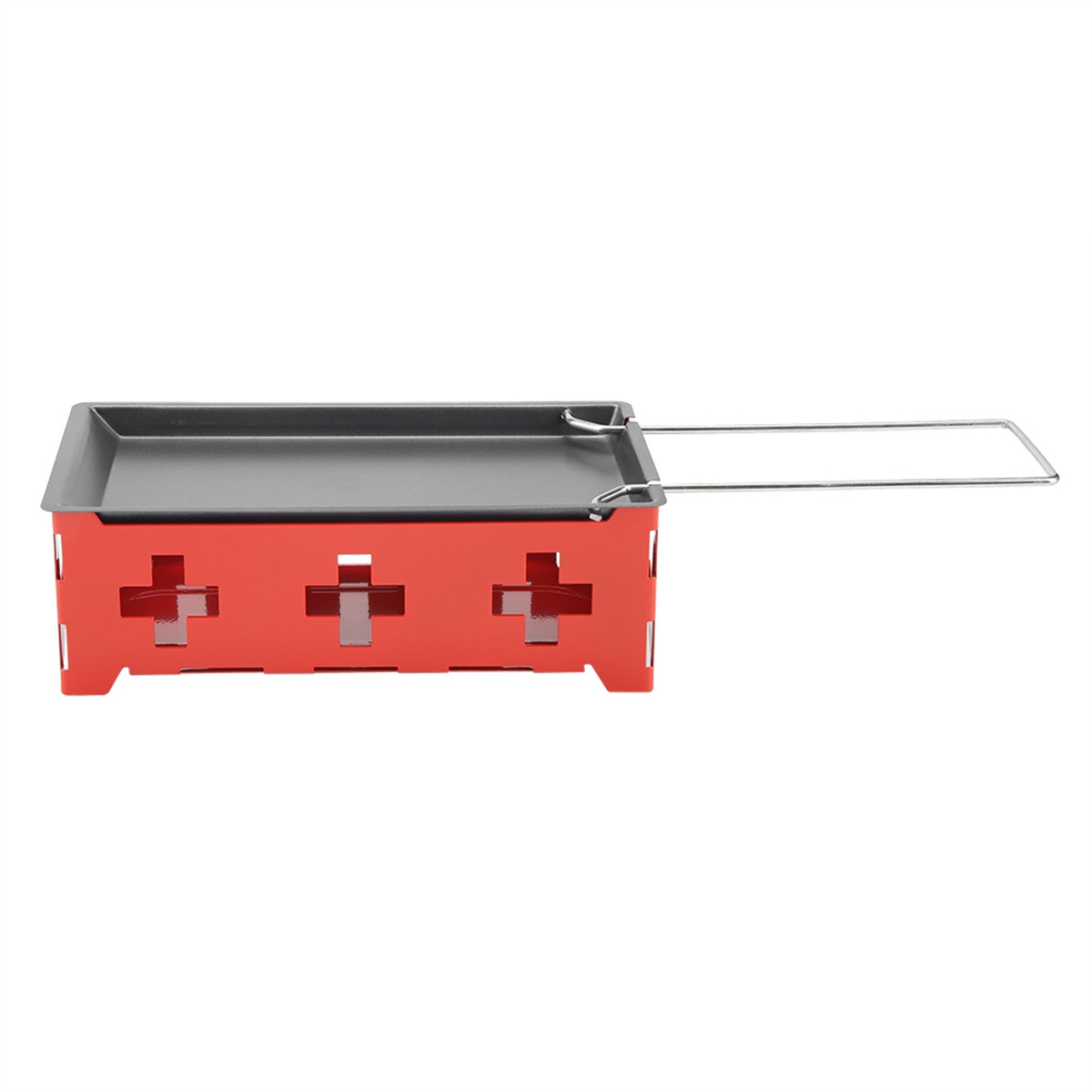 Ein rotes Fondue-Set mit silbernem Griff und rechteckiger Kochfläche. Das Set hat Aussparungen.