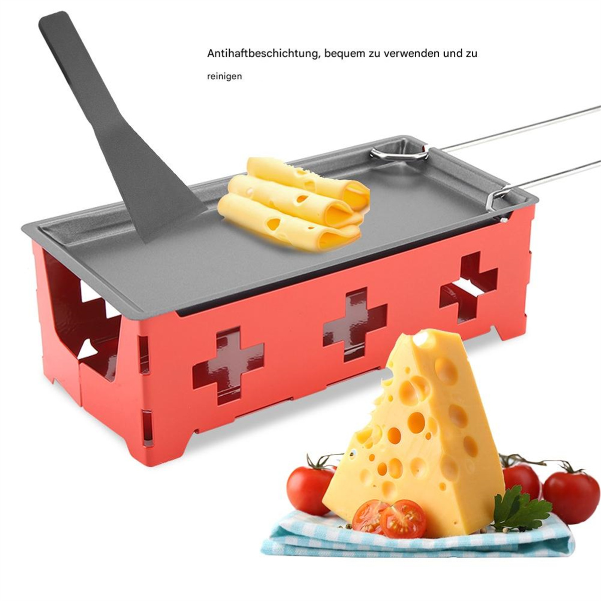 Ein Raclette-Grill mit Käse, Tomaten und einem Spatel. Der Grill hat einen roten Sockel und eine graue Kochfläche.