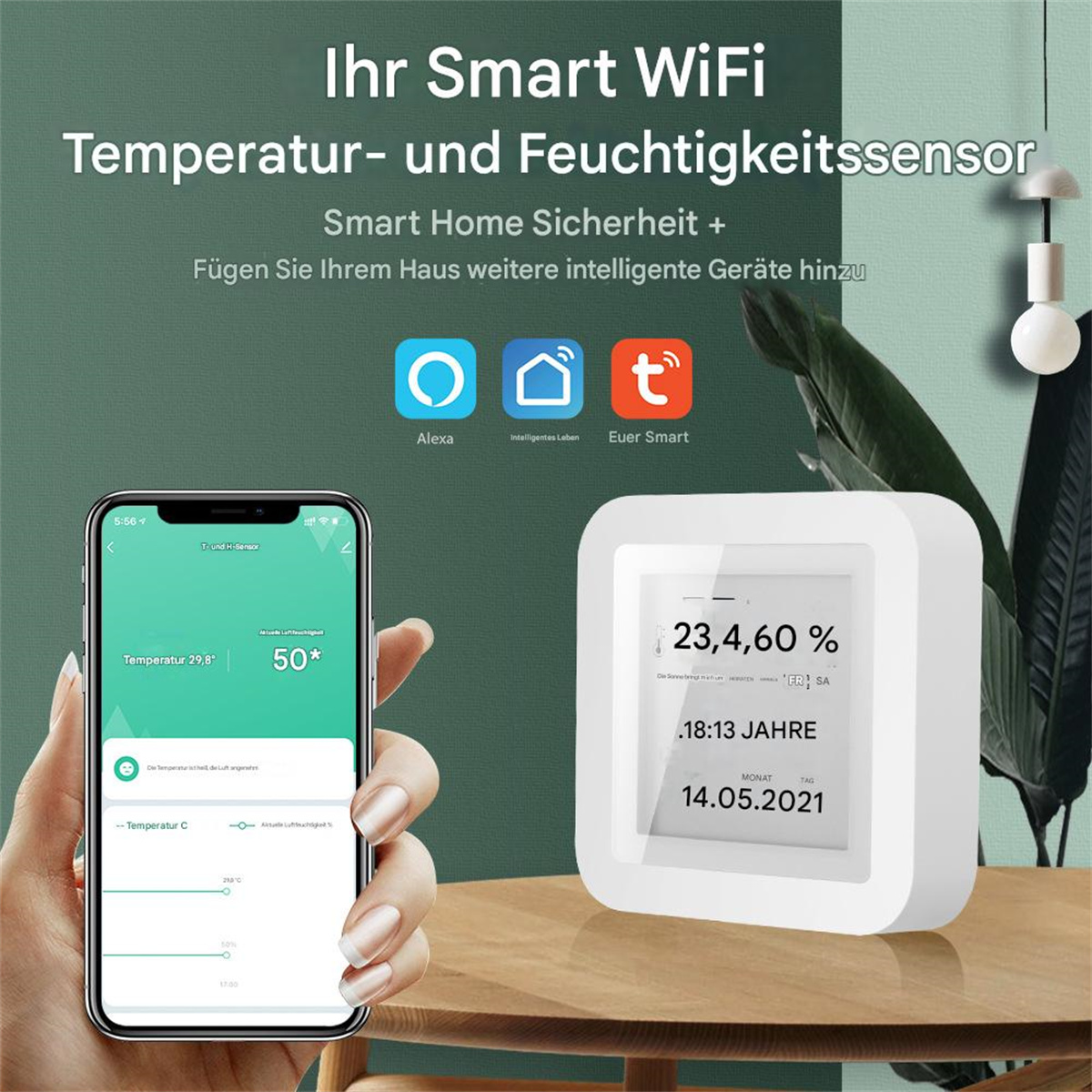 Ein Smart-Home-Gerät mit Bildschirm, der Daten anzeigt. Ein Smartphone zeigt verwandte Informationen.