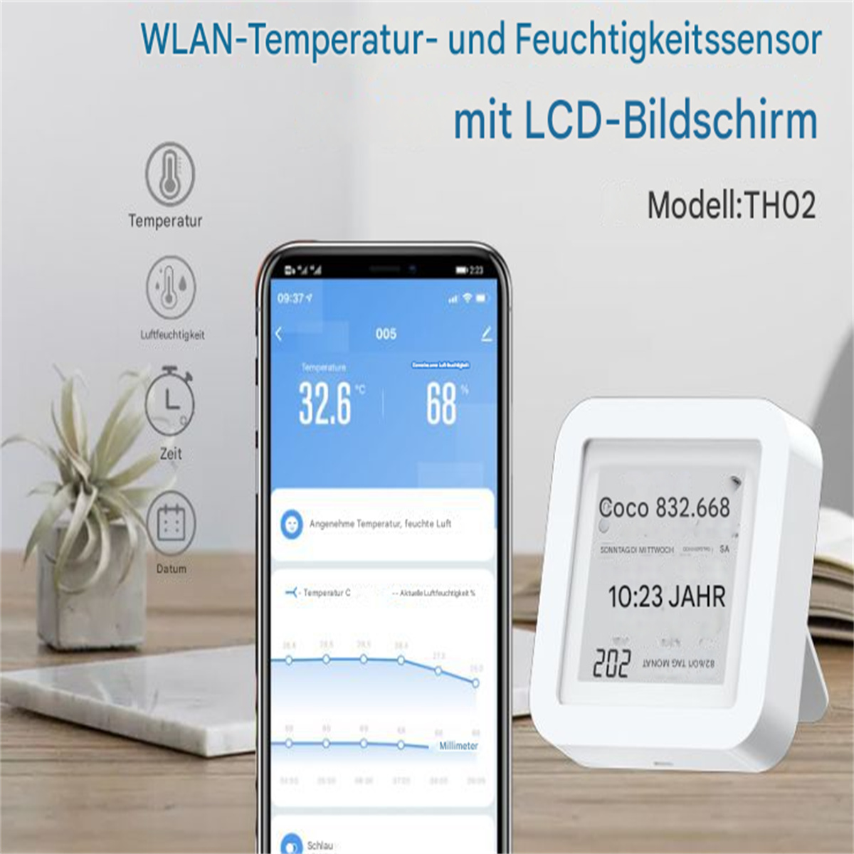 Ein Telefon, das Temperatur- und Feuchtigkeitsinformationen anzeigt. Ein kleines Gerät befindet sich rechts. Text: WLAN-Sensor.