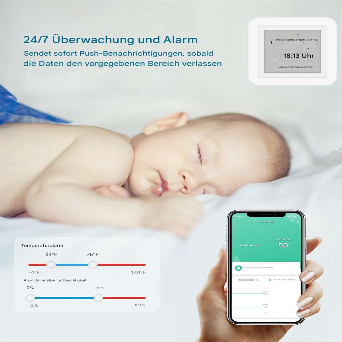 Ein Baby schläft neben einem Telefon, das ein Diagramm über Temperatur und Luftfeuchtigkeit anzeigt.