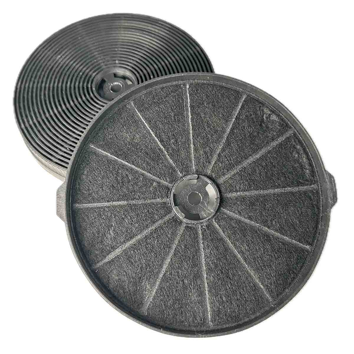 Zwei Aktivkohlefilter für eine Dunstabzugshaube, einer spiralförmig, einer flach mit radialen Linien.