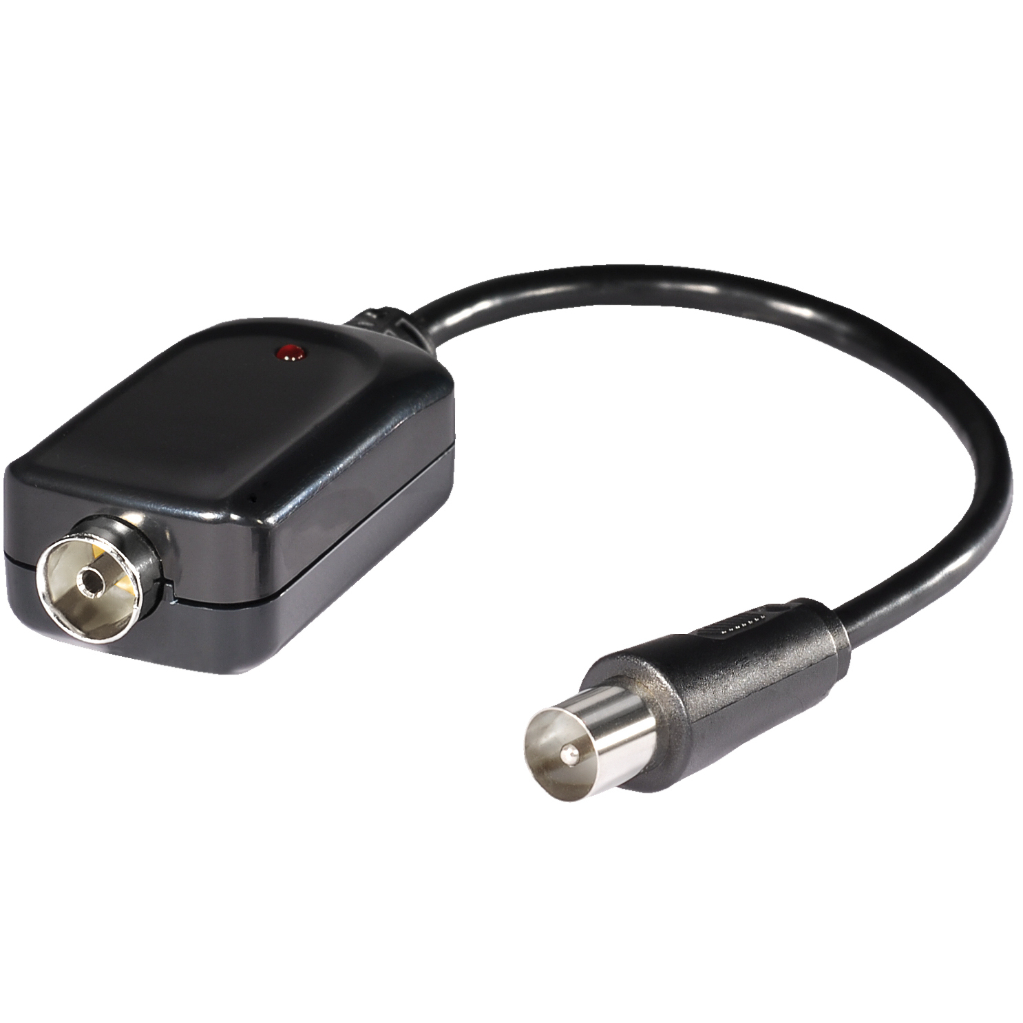 Schwarzer Koaxialkabeladapter. Hat einen Stecker an einem Ende und eine rechteckige Box am anderen.